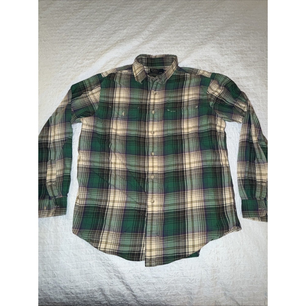 Vtg 90s‎ Y2K Polo Ralph Lauren Green Plaid Button Down Men's Size Large